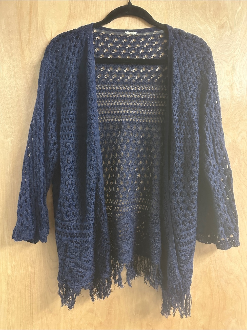 Navy Open-Knit Fringe Cardigan Sweater
